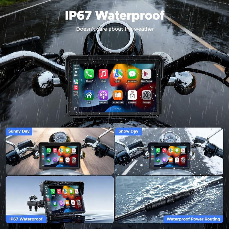 Volam Wireless Motorcycle CarPlay Screen, 7-inch IP67 Waterproof Touchscreen,GPS Navigation System,Anti-Glare for Daylight, Voice Control, Dual Bluetooth, Suitable for Harley, Kawasaki, Yamaha, etc. - Image 4